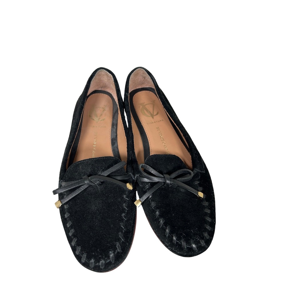 Vince Camuto Signature Loafers Women's 5.5 Black Suede Bow Moccasin Flat Shoes